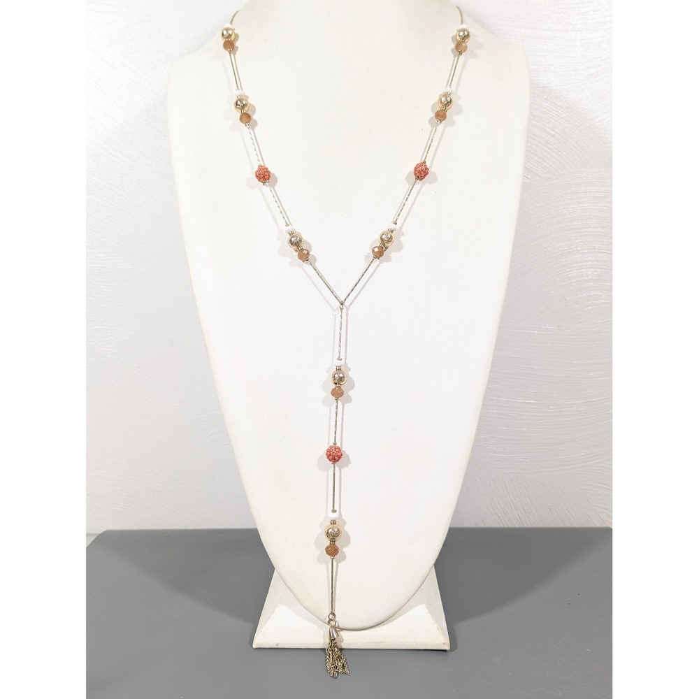 New York & Co Gold Tone Orange Bead‎ Necklace 30" Long Statement Y Drop Lariat